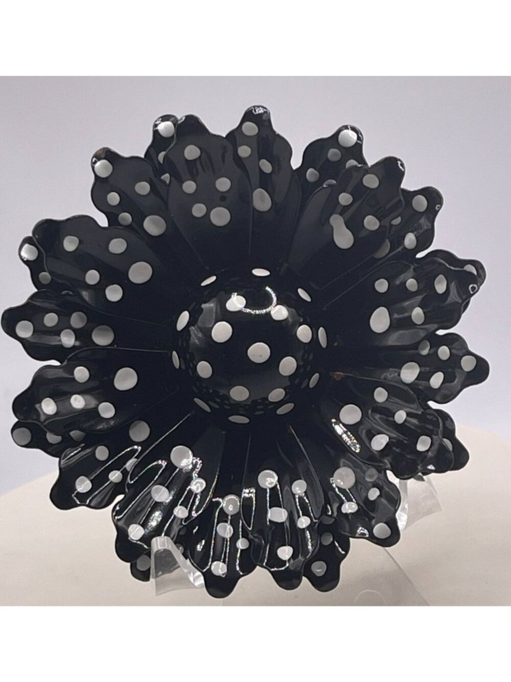 Vtg 60s Retro Enamel Flower Power Black & White Polka Dot Brooch Pop Art